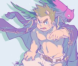  1boy bandaged_arm bandages bara belt bird blue_eyes brown_hair coat coat_on_shoulders collared_coat commentary_request daihukudokoro drop_shadow furrowed_brow green_background hand_up horns looking_at_viewer male_focus muscular muscular_male navel nipples no_shirt open_mouth parrot purple_coat robinson_(housamo) short_hair signature simple_background solo sweatdrop thick_eyebrows tokyo_afterschool_summoners torn_clothes upper_body 