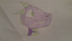  absurd_res anthro bassel_(atrolux) freckles green_body green_eyes head_spikes head_spines hi_res lizard male purple_body purple_scales reptile scales scalie smile solo spikes spikes_(anatomy) teeth the_okami17 traditional_media_(artwork) trans_(lore) 