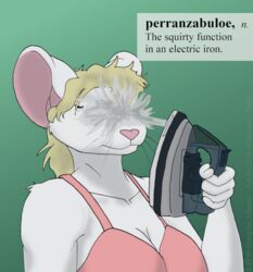  2020 anthro blonde_hair bra breasts cleavage clothed clothes_iron clothing cybercorn_entropic cynthia_boggs definition english_text female fur green_background hair mammal mouse murid murine rodent simple_background solo text the_meaning_of_liff underwear water whiskers white_body white_fur 