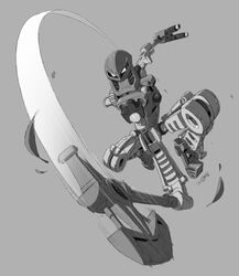  1boy absurdres axe bionicle chopping gears grey_background greyscale highres jeetdoh kanohi_(bionicle) leaf lewa_(bionicle) monochrome no_humans robot the_lego_group weapon white_eyes 