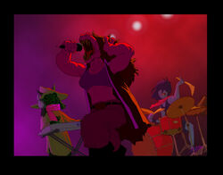  anthro belt belt_buckle black_body black_fur bottomwear bovid bra breasts buckle caprine cloak clothed clothing coat cover_art death_grips deltarune digital_media_(artwork) drum drum_set drumstick_(musical) electronics eyewear female fog fur goat group hair hand_on_head hat headgear headphones headwear human keyboard_instrument kris_(deltarune) male mammal microphone midriff muscular muscular_female musical_instrument musical_keyboard open_mouth pants pecs pecs_with_breasts percussion_instrument playing_music ralsei reptile scalie scarf shirt singing sirartwork sitting sports_bra stage_lights susie_(deltarune) tank_top teeth topwear torn_clothing undertale_(series) underwear 