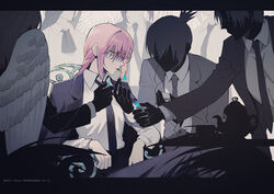  2boys 5girls angel angel_devil_(chainsaw_man) black_necktie black_pants black_suit braid braided_ponytail business_suit chainsaw_man cigarette collared_shirt crossed_legs formal hayakawa_aki higashiyama_kobeni highres himeno_(chainsaw_man) light_smile lighter long_hair long_jacket makima_(chainsaw_man) multiple_boys multiple_girls necktie office_lady pants power_(chainsaw_man) princi_(chainsaw_man) purple_hair ringed_eyes shirt shirt_tucked_in sitting smile smoking suit topknot white_shirt yellow_eyes yijiao 