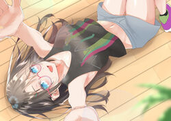  aqua_eyes blush gray_hair idolmaster_shiny_colors long_hair meganei mitsumine_yuika navel shorts tagme_(artist) 