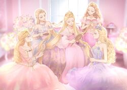  5girls anneliese_(barbie) annika_(barbie) ballerina barbie_(character) barbie_(franchise) barbie_and_the_magic_of_pegasus barbie_as_rapunzel barbie_as_the_princess_and_the_pauper barbie_in_the_nutcracker barbie_movies barbie_of_swan_lake bed bedroom blonde_hair blue_eyes bow braid brushing_another&#039;s_hair brushing_hair choker clara_(barbie) clara_(the_nutcracker) closed_eyes color_connection corset crossover crown curly_hair dress feather-trimmed_sleeves feather_dress feathers flower formal friends frilled_dress frills gem gown hair_brush hair_color_connection hair_pulled_back holding holding_another&#039;s_hair indoors jewelry juliet_sleeves lace_trim long_hair long_sleeves look-alike looking_at_mirror mirror multiple_braids multiple_girls muted_color necklace odette_(barbie) okitafuji pale_color pastel_colors photo-referenced pink_background pink_dress princess princess_and_the_pauper puffy_sleeves purple_dress rapunzel rapunzel_(barbie) rapunzel_(grimm) ribbon ringlets rose seiza sitting sleeveless sleeveless_dress smile the_nutcracker tiara tutu vase very_long_hair 