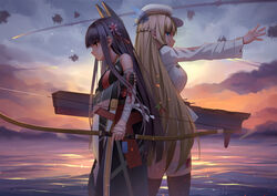  2girls akagi_(mod)_(warship_girls_r) akagi_(warship_girls_r) back-to-back bandaged_arm bandaged_leg bandages black_gloves black_hair black_kimono black_thighhighs blood blood_on_face blue_eyes bow_(weapon) braid breasts chinese_commentary commentary_request feather_hair_ornament feathers fingerless_gloves flower french_braid gloves hair_flower hair_ornament headgear holding holding_bow_(weapon) holding_weapon jacket japanese_clothes kimono large_breasts lexington_(mod)_(warship_girls_r) lexington_(warship_girls_r) long_hair long_sleeves multiple_girls outdoors over-kneehighs platinum_blonde_hair red_eyes short_shorts shorts standing thighhighs warship_girls_r weapon white_jacket white_shorts xiaoyin_li yumi_(bow) 