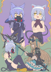  3girls :d absurdres animal_ear_fluff animal_ears arknights armband bare_arms bare_shoulders black_bow black_dress black_footwear black_gloves black_jacket black_legwear blue_skirt blush boots bow braid breasts brown_eyes brown_hair closed_eyes commentary_request dress eyebrows_hidden_by_hair full_body gloves green_background grey_hair hair_between_eyes hairbow highres hood hood_down iris_(arknights) jacket long_hair long_sleeves mouse_ears mouse_tail multiple_girls open_clothes open_jacket partial_commentary provence_(arknights) puffy_short_sleeves puffy_sleeves purple_background purple_hair respirator sajimaririri saliva scavenger_(arknights) shirt short_sleeves single_braid skirt sleeves_past_wrists small_breasts smile tail thigh_boots thighhighs thumbs_up v-shaped_eyebrows very_long_hair white_shirt wolf_ears yellow_eyes 