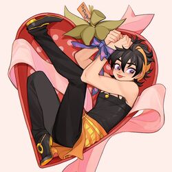  1boy :p arms_up black_hair blush bound bound_wrists box english_text food_print gift_tag ginmu headband heart-shaped_box implied_yaoi in_box in_container jojo_no_kimyou_na_bouken leg_up long_hair looking_to_the_side male_focus narancia_ghirga pants pants_under_skirt pink_background print_ribbon print_skirt purple_eyes ribbon ribbon_bondage skirt smile solo strawberry_print tag tank_top themed_object tongue tongue_out vento_aureo 