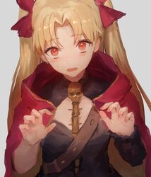  black_dress blonde_hair blush breasts cape dress earrings ereshkigal_(fate) fate/grand_order fate_(series) female gold_trim hair_ribbon highres hood hooded_cape hoop_earrings jewelry kouzuki_kei long_hair looking_at_viewer medium_breasts open_mouth parted_bangs red_eyes ribbon single_sleeve skull solo spine tiara two_side_up 