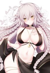  ahoge bare_arms bare_shoulders between_breasts bikini black_bikini blush bracelet braid breasts cleavage closed_mouth collarbone commentary_request fate/grand_order fate_(series) female floral_background frown grey_hair hair_between_eyes hand_on_own_chest highres holding holding_clothes jeanne_d&#039;arc_alter_(fate) jeanne_d&#039;arc_alter_(festival_outfit)_(fate) jewelry large_breasts long_hair looking_at_viewer midriff miko_(royal_milk) multiple_braids navel necklace official_alternate_costume quad_braids sarong solo standing stomach swimsuit very_long_hair yellow_eyes 