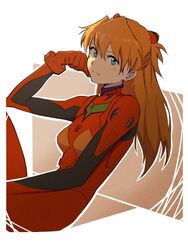  :3 blue_eyes bodysuit border breasts closed_mouth cowboy_shot female hair_between_eyes hair_ornament hand_on_own_face highres long_hair looking_at_viewer neon_genesis_evangelion orange_hair outline plugsuit psylduck red_bodysuit simple_background sitting small_breasts solo souryuu_asuka_langley tied_hair white_border white_outline 