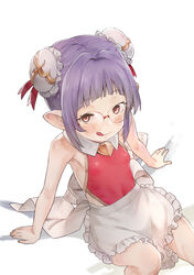  apron arm_support bakushiishi_at blush breasts bun_cover covered_navel double_bun dress elmelaura female from_above glasses granblue_fantasy hair_bun hair_intakes harvin leaning_back licking_lips looking_at_viewer pointy_ears purple_hair red_dress red_eyes shadow short_hair simple_background sitting small_breasts solo tongue tongue_out white_background 