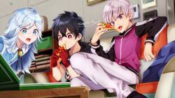  3boys :d black_footwear black_hair blue_eyes blurry blurry_background bookshelf brooch couch eating food gloves grey_hair highres hood hood_down indoors iwakiyamayukisatoshironanogojuurokushi_akira jacket jewelry kemono_jihen kinonuketa_ika kusaka_kabane long_hair long_sleeves male_focus multiple_boys open_mouth pants pizza pizza_box purple_eyes purple_jacket red_eyes red_gloves sitting smile tademaru_shiki twitter_username white_pants 