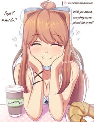  :i ^_^ absurdres artist_name bare_arms bare_shoulders breasts brown_hair cheek_squash cleavage closed_eyes collarbone commentary croissant cup disposable_cup doki_doki_literature_club english_commentary english_text facing_viewer female food hair_ribbon hands_on_own_cheeks hands_on_own_face happy heart highres long_hair monika_(doki_doki_literature_club) patreon_username ponytail pov raion_(raionart) ribbon sidelocks solo upper_body white_ribbon 