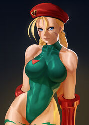  ahoge beret blonde_hair blue_eyes bodypaint braid breasts cammy_white commentary cowboy_shot english_commentary female gloves green_leotard happy_birthday hat highleg highleg_leotard large_breasts leotard red_gloves red_hat scar scar_on_face solo street_fighter street_fighter_ii_(series) twin_braids zetman92 