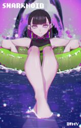  afloat barefoot black_hair blunt_bangs crossed_ankles female highres innertube jewelry long_hair looking_at_viewer multicolored_hair nira-chan purple_eyes purple_hair shark solo swim_ring to/garashi water zutto_mayonaka_de_ii_no_ni 