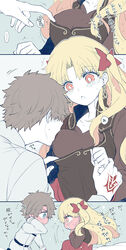  1boy alternate_costume azumi_(myameco) blonde_hair blue_eyes blush breast_poke breast_sucking breast_sucking_through_clothes breasts bright_pupils brown_hair chaldea_uniform command_spell earrings embarrassed ereshkigal_(fate) ereshkigal_(youming_niangniang)_(fate) fate/grand_order fate_(series) female fujimaru_ritsuka_(male) full-face_blush holding_hands hoop_earrings jewelry official_alternate_costume orange_eyes poking red_ribbon ribbon rubbing_neck straight sweatdrop translation_request vietnamese_dress white_pupils 