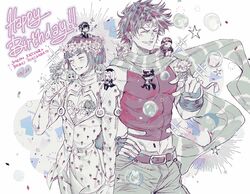  3girls 6+boys battle_tendency belt_buckle blush bob_cut bruno_bucciarati buckle caesar_anthonio_zeppeli character_name cleavage_cutout closed_eyes clothing_cutout crop_top english_commentary fingerless_gloves flower giorno_giovanna gloves grin guido_mista hair_flower hair_ornament happy_birthday hat headband highres jojo_no_kimyou_na_bouken joseph_joestar joseph_joestar_(young) kujo_jotaro leone_abbacchio lisa_lisa male_focus messy_hair midriff mini_person miniboy minigirl multiple_boys multiple_girls muscular muscular_male narancia_ghirga open_mouth pannacotta_fugo pants sagta_panggang scarf short_hair smile stardust_crusaders suzi_q trish_una vento_aureo 