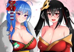  2girls :d azur_lane black_hair blue_hair breasts chinese_clothes cleavage fur_collar hair_ornament highres huge_breasts looking_at_viewer multiple_girls official_alternate_costume petals purple_eyes red_eyes shiny_skin smile st._louis_(azur_lane) st._louis_(spirits_in_the_snow)_(azur_lane) taihou_(azur_lane) the_only_shoe twintails upper_body 