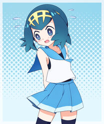  adapted_costume bare_arms black_thighhighs blue_eyes blue_hair blue_sailor_collar blue_skirt blush bright_pupils collarbone commentary_request female flying_sweatdrops freckles hairband highres kouzuki_(reshika213) lana_(pokemon) no_sclera one-piece_swimsuit open_mouth pleated_skirt pokemon pokemon_(anime) pokemon_sm_(anime) sailor_collar shirt short_hair skirt sleeveless sleeveless_shirt solo swimsuit swimsuit_under_clothes thighhighs tongue white_pupils white_shirt yellow_hairband 