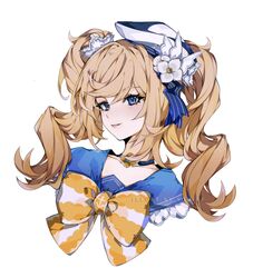  artist_name bangs barbara_pegg blonde_hair blue_eyes blue_sailor_collar bow bowtie collarbone commentary cropped_shoulders english_commentary face female flower frilled_sailor_collar frills genshin_impact hair_ornament hat highres long_hair looking_at_viewer misshao_00 portrait revision sailor_collar sailor_hat solo twintails white_background white_flower white_headwear yellow_bow yellow_neckwear 