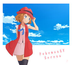  bare_arms black_thighhighs blue_eyes blue_ribbon border brown_hair character_name closed_mouth cloud collarbone commentary copyright_name day dress eyelashes female hand_up hat highres kouzuki_(reshika213) looking_to_the_side neck_ribbon pink_dress pokemon pokemon_(anime) pokemon_xy_(anime) ribbon serena_(pokemon) short_hair sky sleeveless smile solo thighhighs white_border 