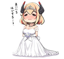  azur_lane bare_shoulders blonde_hair bouquet breasts chibi cleavage collarbone commentary_request dress female flower full_body gloves grey_eyes hair_between_eyes headgear holding holding_bouquet jewelry long_dress multicolored_hair necklace no_nose open_mouth roon_(azur_lane) short_hair sidelocks simple_background smile solo standing streaked_hair tiara translated u-non_(annon&#039;an) wedding_dress white_background white_dress white_flower white_gloves 