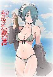  alternate_costume bare_shoulders beach bikini blue_eyes blue_hair breasts chocolate_banana cleavage cloud cloudy_sky commission detached_sleeves female fire_emblem fire_emblem_fates grey_bikini hairband harutan_(ufnn8842) looking_at_viewer medium_breasts navel ocean setsuna_(fire_emblem) skeb_commission sky sprinkles standing swimsuit 