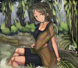  black_shorts bracelet breasts cleavage closed_mouth commentary dark-skinned_female dark_skin facial_mark female forehead_mark gharial_(kemono_friends) green_eyes green_hair green_tail hibax-fre holding holding_staff indian_clothes jewelry kemono_friends necklace reptile_girl shorts sitting slit_pupils smile solo staff tail tree wetland 