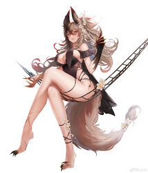  absurdres animal_ears anklet bare_legs bare_shoulders barefoot black_cape black_leotard breast_curtains breasts brown_eyes brown_hair cape chinese_commentary claws cleavage clover_theater commentary_request crossed_legs female flower full_body hair_between_eyes hair_flower hair_ornament highres iuidd jewelry kleio_(clover_theater) leotard long_hair sharp_toenails sitting solo tail toenails very_long_hair weibo_watermark white_background white_flower 