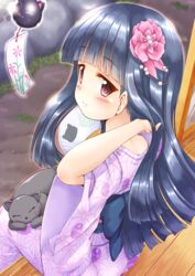  animal animal_on_lap back_bow black_cat black_hair blue_bow blush bow closed_mouth commentary_request day feline female flower hair_flower hair_ornament hand_fan hand_in_own_hair hand_up highres idolmaster idolmaster_cinderella_girls japanese_clothes kimono long_hair looking_at_viewer looking_back obi on_lap paper_fan pero_(idolmaster_cinderella_girls) pink_flower purple_kimono red_eyes regular_mow sajo_yukimi sash sitting smile solo uchiwa veranda very_long_hair wind_chime 