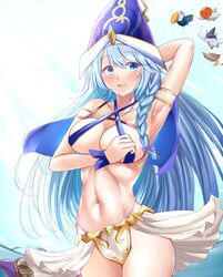  alternate_costume andrew_(duel_angel) arm_behind_head arm_up armor armpits bikini bikini_armor bird blue_eyes blue_hair braid breasts cowboy_shot duel_monster eagle female floowandereeze_&amp;_eglen floowandereeze_&amp;_robina floowandereeze_&amp;_snowl floowandereeze_&amp;_toccan griffin hat highres large_breasts long_hair looking_at_viewer navel ocean paid_reward_available pointy_ears side_braid sling_bikini_top smile solo swimsuit toucan very_long_hair wandering_gryphon_rider water_enchantress_of_the_temple wizard_hat yu-gi-oh! 