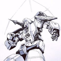  1boy autobot clenched_hands greyscale ink_(medium) looking_to_the_side mecha mirage_(transformers) monochrome no_humans open_hand reece_b_scott robot shoulder_cannon solo traditional_media transformers transformers:_generation_1 