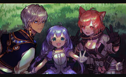  1boy 2girls black_gloves black_shirt blue_choker blue_dress blue_eyes blue_hair breasts choker cleavage collarbone dark-skinned_male dark_skin double_v dress earrings gloves grey_hair hair_behind_ear highres ibrahim_(nijisanji) jewelry long_hair medium_breasts multiple_girls nijisanji ratna_petit ratna_petit_(1st_costume) razu_(razu_com_jp) red_panda_ears red_panda_girl shirt suspenders v virtual_youtuber white_gloves yuuki_chihiro yuuki_chihiro_(1st_costume) 