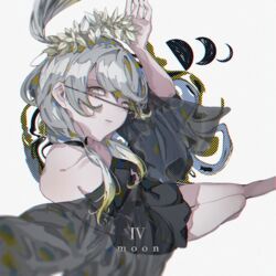  bare_shoulders black_dress breasts brown_hair character_name dress female foot_out_of_frame grey_eyes grey_hair head_wreath highres moon moon_phases multicolored_hair original personification see-through small_breasts solo to/garashi two-tone_hair white_background wide_sleeves 