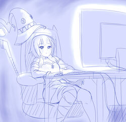  bandaged_leg bandages belt blue_theme closed_mouth collarbone computer_keyboard computer_mouse dress expressionless feet_out_of_frame female hat highres imagine_(meme) kono_subarashii_sekai_ni_shukufuku_wo! megumin meme monitor monochrome screen_light short_hair short_hair_with_long_locks sitting solo staff unfinished unworn_hat unworn_headwear viperxtr witch_hat 