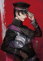  1boy belt black_hair cape devil_summoner:_raidou_kuzunoha_vs_the_soulless_army devil_summoner_(series) from_side gakuran hand_on_headwear hand_on_own_hip hat hilt hungry_clicker kuzunoha_raidou light_smile looking_at_viewer male_focus peaked_cap red_background school_uniform shin_megami_tensei sideburns solo upper_body 