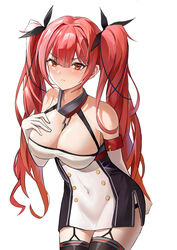  absurdres azur_lane bare_shoulders black_thighhighs breasts cleavage closed_mouth commentary covered_navel dress elbow_gloves female frown gloves hai_binggan hand_on_own_chest highres honolulu_(azur_lane) large_breasts long_hair looking_at_viewer red_eyes red_hair short_dress side_slit simple_background sleeveless sleeveless_dress thighhighs twintails v-shaped_eyebrows very_long_hair wavy_hair white_background white_gloves zettai_ryouiki 