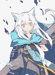  animal_ears arknights black_gloves black_jacket cat_ears commentary cowboy_shot dress earpiece female fingerless_gloves floating_hair gloves green_eyes jacket long_hair looking_at_viewer melanbread open_clothes open_jacket rosmontis_(arknights) solo twitter_username white_background white_dress white_hair 