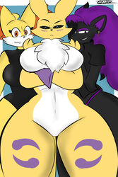  2:3 absurd_res anthro bandai_namco big_breasts black_sclera blue_eyes breasts canid canine chest_tuft clothed clothed_anthro clothed_female clothing countershading crossover digimon digimon_(species) eyelashes female female_anthro fennekin generation_5_pokemon generation_6_pokemon group hair hi_res inner_ear_fluff lot_par mammal nintendo nude_anthro nude_female orange_eyes pokemon pokemon_(species) purple_eyes purple_hair red_inner_ear_fluff renamon shiny_pokemon trio tuft zoroark 