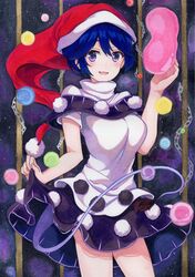  :3 blue_eyes blue_hair blush breasts chains clothes_lift doremy_sweet dream_soul female hair_between_eyes hat highres kittona large_breasts lifting_own_clothes looking_at_viewer millipen_(medium) nightcap open_mouth painting_(medium) pom_pom_(clothes) red_hat shirt skirt skirt_lift solo standing tail tapir_tail touhou traditional_media turtleneck watercolor_(medium) watercolor_pencil_(medium) white_shirt 