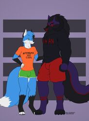  2020 absurd_res anthro artist_name black_body black_clothing black_ears black_fur black_hair black_hoodie black_horn black_nose black_topwear blue_body blue_fur blue_tail bottomwear canid canine canis clothing colored demon duo english_text fluffy fox fur green_eyes hair hi_res hoodie horn looking_aside male mammal markings multi_tail multicolored_body multicolored_fur orange_clothing orange_shirt orange_topwear purple_body purple_eyes purple_fur red_markings shirt shorts simple_background smile standing t-shirt tail text topwear white_body white_fur wolf wolfarion wolfarion_(character) 