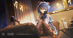  bare_shoulders black_gloves black_pantyhose blue_hair chinese_knot detached_sleeves female flower_knot ganyu_(genshin_impact) genshin_impact glass gloves gold_trim head_rest high_heels highres horns indoors knee_up long_hair looking_at_viewer multicolored_eyes pantyhose pdy red_rope rope sidelocks sitting solo thighlet vision_(genshin_impact) white_sleeves 