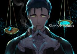  1boy backlighting balance_scale black_hair blue_butterfly bow bowtie bug butterfly dress_shirt fate/grand_order fate_(series) formal gloves green_eyes highres jacket looking_at_viewer male_focus sherlock_holmes_(fate) shirt smoking_pipe solo steepled_fingers weighing_scale white_gloves yamabuki0211 