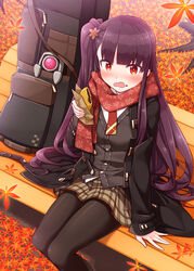  arm_support autumn_leaves bench black_coat black_pantyhose blush brown_skirt coat commentary_request dinergate_(girls&#039;_frontline) feet_out_of_frame female food food_on_face girls&#039;_frontline grey_vest hair_ornament harada_(sansei_rain) highres holding holding_food long_hair long_sleeves looking_at_viewer necktie nose_blush official_alternate_costume on_bench one_side_up open_clothes open_coat open_mouth pantyhose park_bench plaid plaid_skirt pleated_skirt print_scarf purple_hair red_eyes red_necktie red_scarf scarf shirt sitting skirt sleeves_past_wrists snowflake_hair_ornament snowflake_print solo taiyaki very_long_hair vest wa2000_(date_in_the_snow)_(girls&#039;_frontline) wa2000_(girls&#039;_frontline) wagashi wavy_mouth white_shirt 