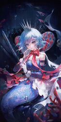  absurdres blue_eyes blue_hair cape commentary cosplay crown female gloves hands_up highres holding looking_at_viewer maccha_(mochancc) mahou_shoujo_madoka_magica mahou_shoujo_madoka_magica_(anime) miki_sayaka miki_sayaka_(magical_girl) oktavia_von_seckendorff oktavia_von_seckendorff_(cosplay) parted_lips red_ribbon ribbon short_hair solo soul_gem split_theme white_gloves witch_(madoka_magica) 