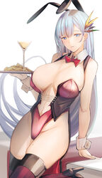  animal_ears azur_lane blue_eyes breasts cleavage drink female hair_ornament highres large_breasts leotard long_hair looking_at_viewer mole mole_on_thigh official_alternate_costume paid_reward_available parted_lips playboy_bunny rabbit_ears revision simple_background solo thighhighs ticonderoga_(azur_lane) ticonderoga_(show_stopper!)_(azur_lane) tray white_hair yusha_m 