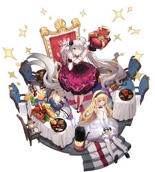  3girls ;q absurdly_long_hair alisa_(kuro_no_sakura) anger_vein azur_lane bare_shoulders black_flower black_footwear black_hairband blonde_hair blue_eyes blue_jacket bound bound_legs bound_wrists chair crown detached_collar detached_sleeves dress evening_gown expressions flat_chest flower food frilled_dress frills from_above gold_trim hair_flower hair_ornament hairband highres holding holding_crown jacket layered_dress long_hair manjuu_(azur_lane) multiple_girls official_alternate_costume official_art one_eye_closed queen_elizabeth_(azur_lane) queen_elizabeth_(the_queen&#039;s_ball)_(azur_lane) red_dress red_eyes sleeveless sleeveless_dress thighhighs tongue tongue_out transparent_background twintails valiant_(azur_lane) valiant_(queen_valiant_i)_(azur_lane) very_long_hair warspite_(azur_lane) white_thighhighs 