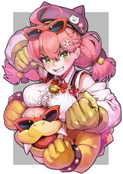  35p_(sakura_miko) ahoge animal_ear_headwear animal_ears bell blush breast_rest breasts breasts_on_head buttons cherry_blossom_print clenched_hands crossover eyewear_on_head fake_animal_ears fangs female floral_print gloves hair_ornament hairclip hat highres hololive kousaku long_hair looking_at_viewer mario_(series) mario_kart mario_kart_8 pink_hair roy_koopa sakura_miko sakura_miko_(1st_costume) simple_background sunglasses v-shaped_eyebrows virtual_youtuber yellow_gloves 