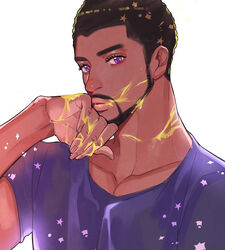  1boy animification beard black_hair black_panther_(film) dark-skinned_male dark_skin facial_hair honey male_focus marvel marvel_cinematic_universe matsu_(bandan) purple_eyes purple_shirt shirt solo t&#039;challa upper_body wiping_face 