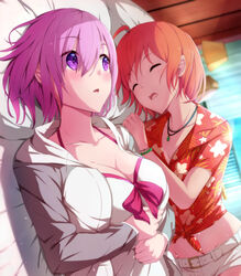  2girls ahoge belt belt_buckle blush bow bracelet breasts buckle casual_one-piece_swimsuit cleavage closed_eyes collarbone commentary_request desk_lamp dutch_angle fate/grand_order fate_(series) floral_print fujimaru_ritsuka_(female) fujimaru_ritsuka_(female)_(tropical_summer) grey_sleeves groin hair_between_eyes hawaiian_shirt highres hood hood_down hooded_jacket indoors jacket jewelry lamp long_sleeves lying mash_kyrielight mash_kyrielight_(swimsuit_of_perpetual_summer) medium_breasts multiple_girls necklace official_alternate_costume on_back on_bed on_side one-piece_swimsuit open_clothes open_jacket open_mouth orange_hair pillow pink_bow pink_hair print_shirt purple_hair red_shirt sakaokasan shirt short_hair short_shorts short_sleeves shorts sleeping swimsuit unzipped upper_body white_jacket white_one-piece_swimsuit white_shorts 